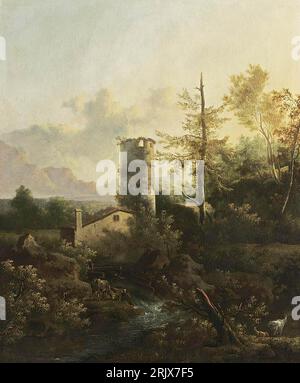 Paysage fluvial boisé montagneux de la seconde moitié du 17e siècle par Frederik de Moucheron Banque D'Images