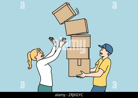 Le courrier d'homme porte la pile de boîtes et laisse tomber un des colis debout près de la femme destinataire de l'ordre. Le courrier maladroit risque de gâcher les marchandises lors de la livraison en raison d'un manque de professionnalisme Illustration de Vecteur