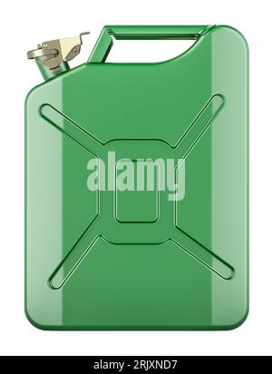 Jerrycan en acier vert, jerry CAN. Vue latérale, rendu 3D isolé sur fond blanc Banque D'Images