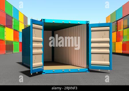 Conteneur de cargaison vide ouvert dans le quai du port, rendu 3D. Banque D'Images