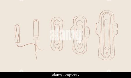Les serviettes hygiéniques et les tampons des femmes dessinent sur fond beige Illustration de Vecteur