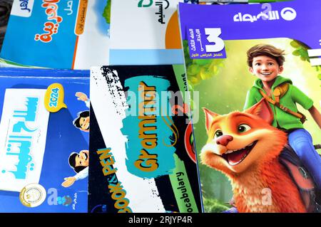 Le Caire, Egypte, août 18 2023 : pile de livres éducatifs utilisés par les écoliers égyptiens, apprentissage, enseignement, concept de livres éducatifs soit publié Banque D'Images