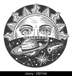 Soleil avec visage et étoiles dans l'espace. Imprimé céleste monochrome. Design de style Boho gravure illustration vintage Banque D'Images