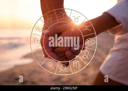 Relations et horoscope. Roue du zodiaque et photo d'un homme et d'une femme tenant la main sur la plage, gros plan Banque D'Images