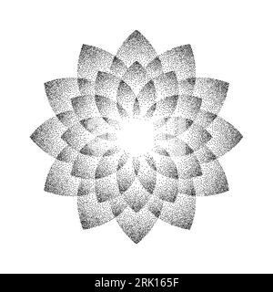 Fond de fleur de stipple. Mandala orné de pois. Forme du grain de bruit. Décoration abstraite de pétales floraux noirs. Conception radiale de motif dotwork pour tatouage, affiche, vêtements, badge, autocollant. Vecteur Illustration de Vecteur