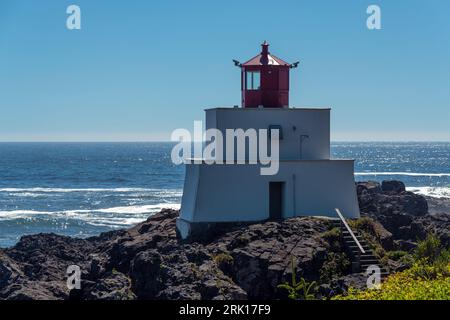 Amphitrite Point Lighthouse along the Wild Pacific Trail hike, Ucluelet, Vancouver Island, British Columbia, Canada. Stock Photo