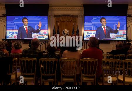 Yorba Linda, California, USA. 23rd Aug, 2023. Guests at the Richard Nixon Presidential Library watch on a large screen as businessman VIVEK RAMASWAMY is introduced during the first 2024 Republican Presidential Debate held in Milwaukee, Wisconsin.(Credit Image: © Brian Cahn/ZUMA Press Wire) EDITORIAL USAGE ONLY! Not for Commercial USAGE! Stock Photo