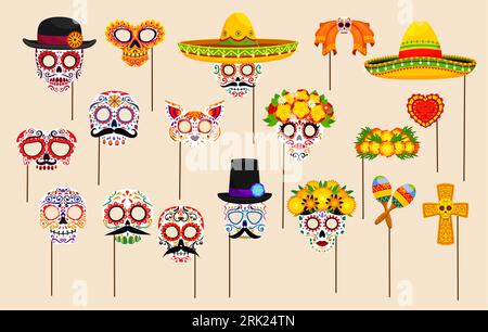 Masques de cabine photo de jour mort mexicains avec des accessoires. Dia de los muertos sucre de vacances et crâne animal, sombrero, moustaches, catrin et masque de fête de guitare. Illustration de Vecteur