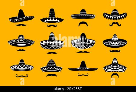 Icônes mexicaines de chapeau de sombrero et moustaches. Charro vectoriel, casquettes de cow-boy ou de musicien et moustaches isolés des signes monochromes représentant la culture, le folklore Illustration de Vecteur