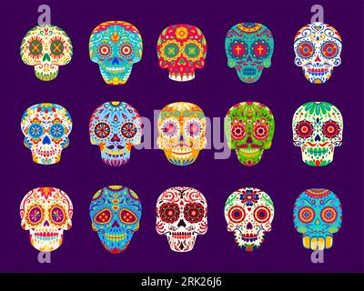 Mexican calavera sugar skulls. Dia de los muertos holiday funny characters. Cartoon vector set of human craniums adorned with flowers and floral patte Illustration de Vecteur