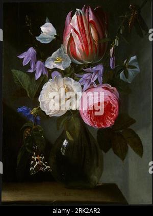 Roses et tulipe dans un vase en verre de 1650 à 1660 par Jan Philip van Thielen Banque D'Images