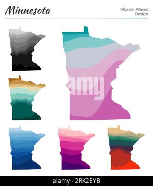 Ensemble de cartes vectorielles du Minnesota. Motif vagues éclatantes. Carte lumineuse de nous état dans le style de courbes lisses géométriques. Carte multicolore du Minnesota pour votre de Illustration de Vecteur