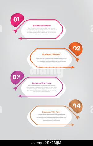 Modèle d'infographie d'aperçu de projet vertical à quatre étapes avec flèche et numéro dans une forme ovale pliée Illustration de Vecteur