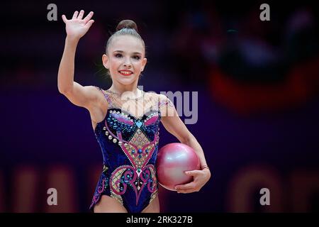 Valencia, Spain. 23rd Aug, 2023. Stiliana Nikolova of Bulgaria reacts during the Individual Ball Final at the 40th FIG Rhythmic Gymnastics World Championships in Valencia, Spain, Aug. 23, 2023. Credit: Pablo Morano/Xinhua/Alamy Live News Banque D'Images