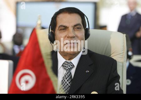 090831 -- TRIPOLI, Aug. 31, 2009 Xinhua -- Tunisian President Zine al-Abidine Ben Ali attends a special AU Summit held in Tripoli, capital of Libya, Aug. 31, 2009. Heads of state and government of the 53-nation African Union AU kicked off a special summit in Libya on Monday to tackle regional conflicts, especially situations in Somalia, Sudan s Darfur and the Great Lakes region. Xinhua/Hamza Turkiamsq 8LIBYA-TRIPOLI-AU-SPECIAL SUMMIT PUBLICATIONxNOTxINxCHN Stock Photo