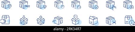 Ensemble d'icônes de colis de livraison. Code à barres, envoyer et recevoir, livraison et retour 24 heures. Icône Pixel Perfect Illustration de Vecteur