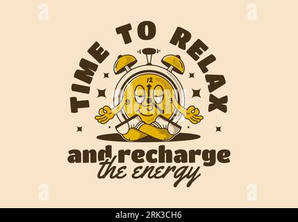 Time to relax and recharge energy, alarm clock mascot character in meditation pose, design in vintage style Stock Vector