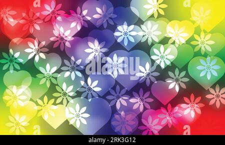 Valentine's day background with hearts and flowers in rainbow colors. Vector illustration Stock Vector