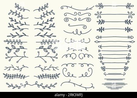 Trente-huit séparateurs vectoriels dessinés à la main. Lignes, bordures et lauriers fixés. Éléments de conception Doodle isolés sur fond blanc. Illustration de Vecteur