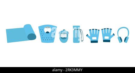 Divers équipements sportifs. Appareils de fitness, accessoires de yoga et de gym. Tapis, pèse-personne et minuterie, bouteille d'eau et gants et cache-oreilles. Le concept de Illustration de Vecteur