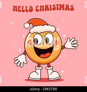 Boule de vacances groovy de Noël dans le chapeau de père noël. Style rétro tendance. Illustration vectorielle. Illustration de Vecteur