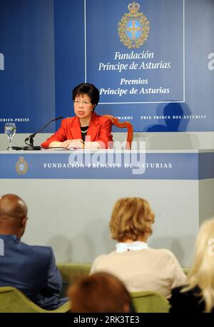 Bildnummer : 53550805 Datum : 22.10.2009 Copyright : imago/Xinhua (091023) -- OVIEDO, 23 octobre 2009 (Xinhua) -- Margaret Chan, Directrice générale de l'Organisation mondiale de la Santé (OMS), assiste à une conférence de presse du Prix Prince des Asturies 2009 à Oviedo, Espagne, le 22 octobre 2009. L’Organisation mondiale de la Santé recevra vendredi à Oviedo le Prix Prince des Asturies 2009 pour la coopération internationale. (Xinhua/Chen Haitong) (yc) (2)SPAIN-AWARD-WHO PUBLICATIONxNOTxINxCHN People Weltgesundheitsorganisation kbdig xng 2009 hoch o0 Prinz von Asturien-Preis Bildnummer 53550805 Date 22 10 2009 Banque D'Images