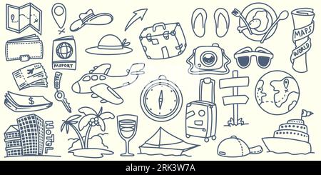 Hand drawing doodle travel elements trip to around the world with tourist equipment like map, hat, bag, clothes, camera, passport, money, ship, airpla Illustration de Vecteur