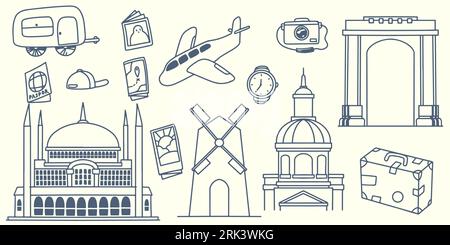 Dessin à la main des éléments de voyage doodle voyage en europe avec équipement touristique, avion, transport, volonté du vent, palais, grand portail, carte, appareil photo et icône Illustration de Vecteur