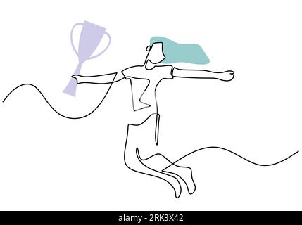 One continuous single line of woman bring trophy for world cup isolated on white background. Stock Vector