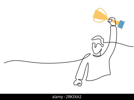 One continuous single line of man bring trophy for world cup isolated on white background. Stock Vector