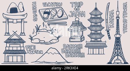Hand drawing doodle trip travel elements set go to japan with fuji mountain, samurai, sushi, temple, katana, tower and house of japanese. Illustration de Vecteur