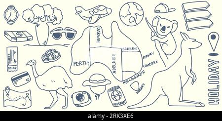 Dessin à la main doodle voyage d'éléments de voyage en australie avec équipement touristique, île, kangourou, avion, globe, carte, argent, montre, koala et grand oiseau Illustration de Vecteur