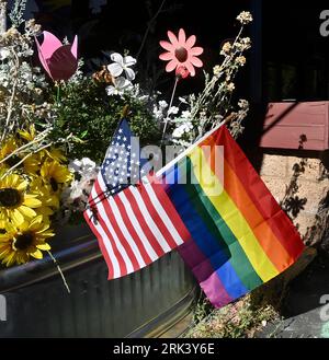 Lake Arrowhead, États-Unis. 23 août 2023. Un monument commémoratif de fortune pour Laura Ann Carleton est vu devant sa boutique à Lake Arrowhead le mercredi 23 août 2023. Carleton, une mère mariée de 9 enfants, a été abattue vendredi dernier par Travis Ikeguchi après avoir fait des remarques homophobes dans une dispute houleuse au sujet d’un drapeau arc-en-ciel volant de son magasin Mag.Pi à Cedar Glen, en Californie. Un rapport a révélé plus de 350 incidents anti-LGBTQ dans 46 États et dans le District de Columbia, alors que de plus en plus de lois anti-LGBTQ sont votées dans tout le pays. Photo de Jim Ruymen/UPI. Crédit : UPI/Alamy Live News Banque D'Images