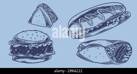 Hand drawing fast food set of sandwiches, burgers, hot dogs, kebabs. Junk food restaurant fast food menu Stock Vector