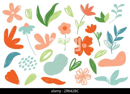 Fleurs dans un ensemble de style dessiné à la main. Collection éléments floraux et feuilles. Illustration de Vecteur