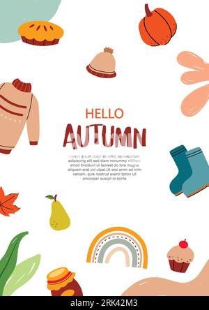 Bonjour automne avec élément et feuilles de fond. Conception de modèle dessiné à la main automne octobre. Illustration de Vecteur