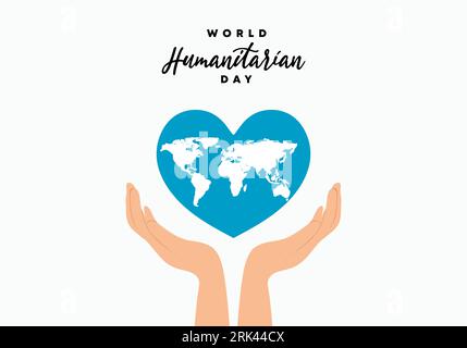 World humanitarian day background with handwritten text, world map in blue love heart symbol and opened han isolated on white background. Stock Vector