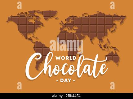Fond dessiné à la main de la journée mondiale heureuse du chocolat avec carte du monde et texte écrit à la main sur fond doré. Illustration de Vecteur