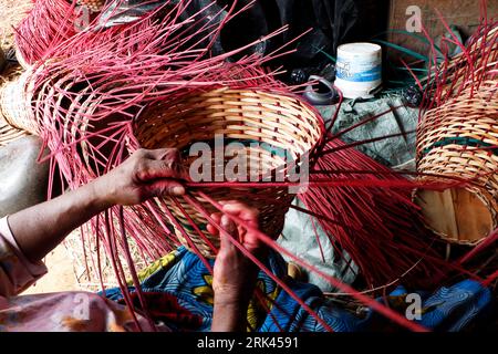 Les gens tissent un panier de ménage dans le plus grand « village » de canne à sucre du Nigeria à Mende dans le district du Maryland de Lagos. L'artisanat de canne à sucre au Nigeria, le pays le plus peuplé d'Afrique, prospère au milieu d'un ralentissement économique qui a affecté les petites entreprises et les revenus des gens. Dans le village, des dizaines de personnes, dont des membres de la famille et des chômeurs, sont engagés dans le tissage de différents articles ménagers comme des tables, des paniers, des porte-vin, des pots de fleurs avec du bois de canne provenant de la région marécageuse du delta du Niger. Lagos, Nigeria. Banque D'Images