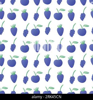 Blue fruit seamless pattern with grape and blueberry isolated on white background. Stock Vector