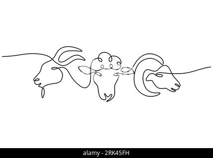 Un dessin à la main continu à une seule ligne de trois têtes de mouton de chèvre isolées sur fond blanc. Illustration de Vecteur