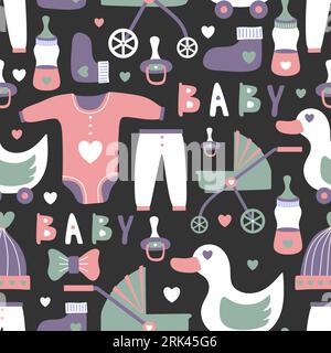 Hand drawn seamless pattern of baby toys equipment with dot, milk bottle, clothes, duck, baby stroller and baby clothes isolated on black background. Stock Vector