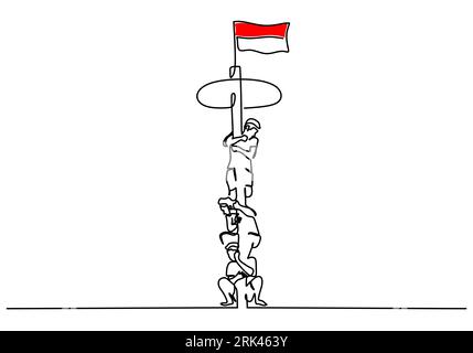Une seule ligne continue dessin à la main du jour de l'indépendance de l'Indonésie avec l'homme de groupe escaladant la tour de drapeau isolé sur fond blanc. Illustration de Vecteur