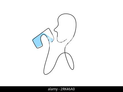 One continuous single line of hand drawn with man drinking a glass of water and ice cubes isolated on white background. Stock Vector