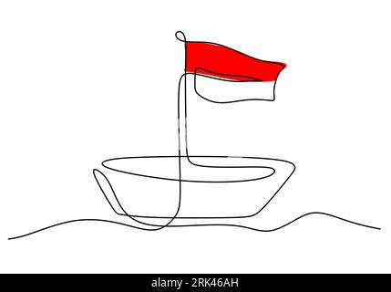 One continuous single line hand drawing of flag on ship isolated on white background. Illustration de Vecteur