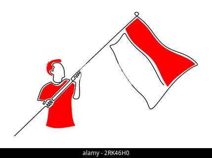 One continuous single line hand drawing of Indonesia independence day with man raising flag isolated on white background. Stock Vector