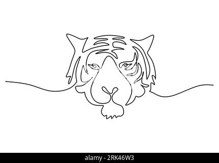 Une seule ligne continue dessin à la main de la journée internationale du tigre avec tête de tigre isolée sur fond blanc. Illustration de Vecteur