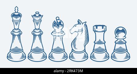 Vintage dessiné à la main ensemble de six pièces d'échecs comme roi, reine, évêque, chevalier, pion et tour isolé sur fond blanc. Illustration de Vecteur