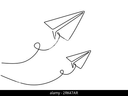 Un dessin à la main continu à une seule ligne de deux avions en papier isolés sur fond blanc. Illustration de Vecteur