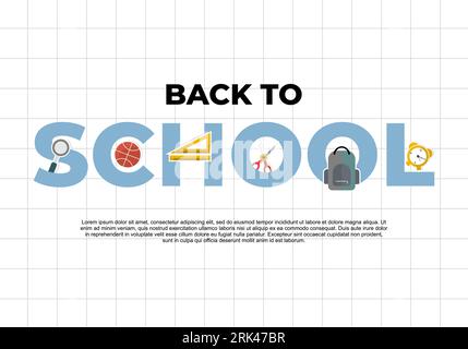 Retour à l'école arrière-plan d'éducation avec loupe, basket-ball, règle, ciseaux, sac et horloge isolé sur la couleur blanche. Illustration de Vecteur